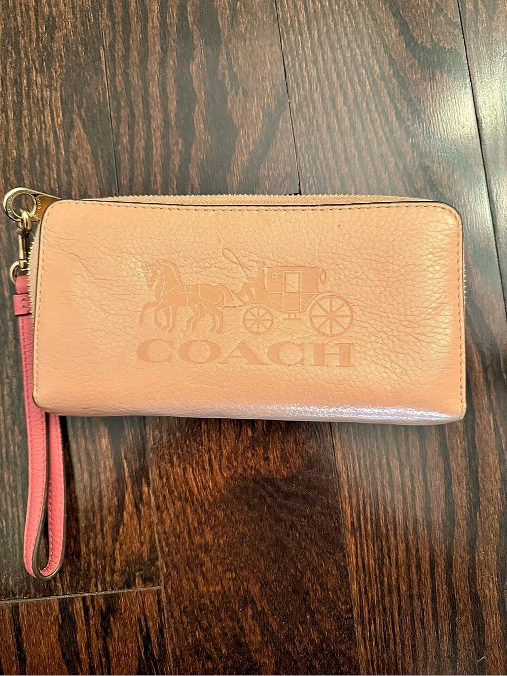 Coach Peach Leather Zip Around Wristlet Wallet